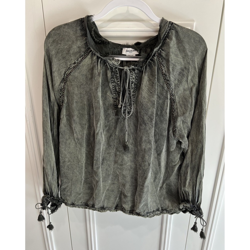 Zadig & Voltaire Olive Green Theresa Peasant Top Goblincore Fairy Grunge Peasant